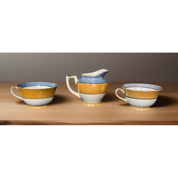 Vtg Japan Lusterware Blue Peach Raised Floral Teacups & Creamer Lot of 3 - Picture 5 of 8